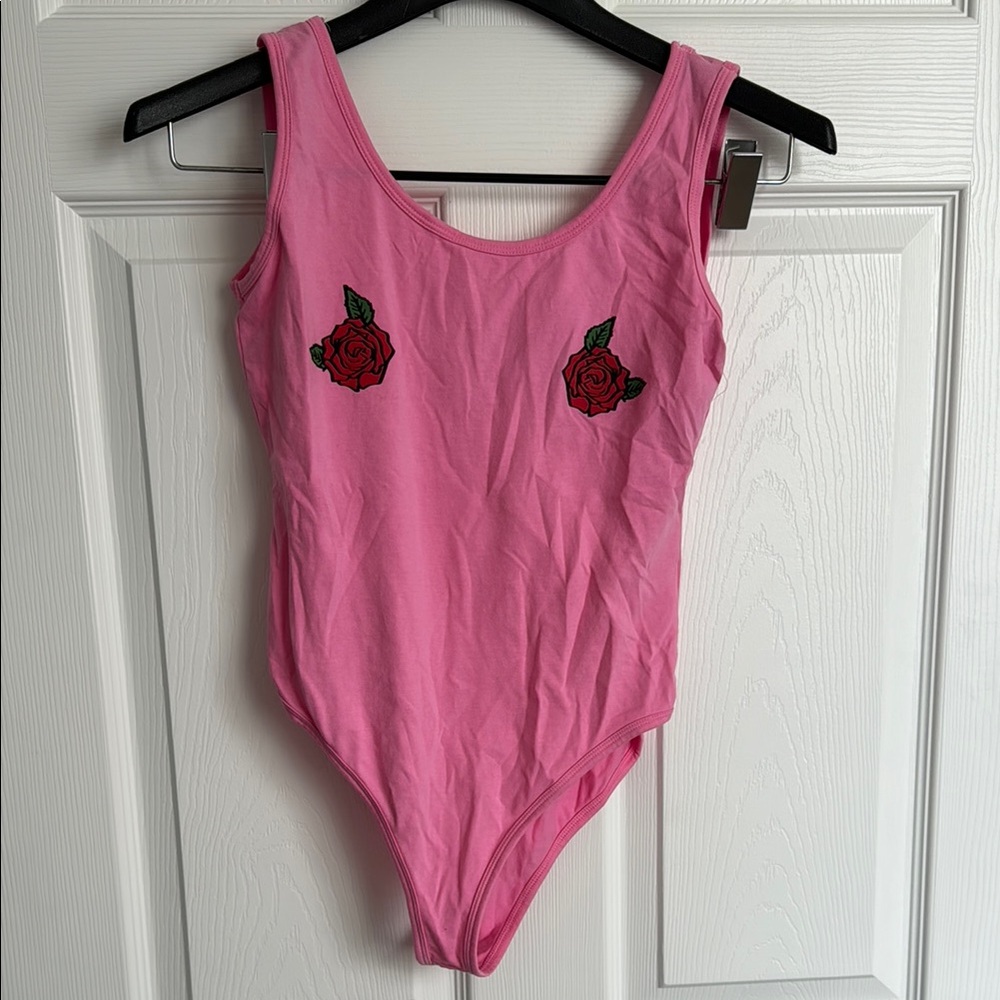 NWOT Vibrant Pink Sleeveless Bodysuit with Roses Printed on Chest